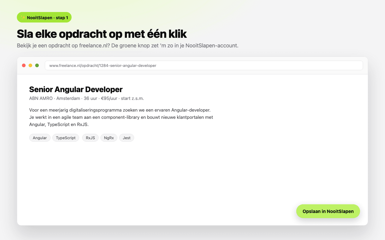 De NooitSlapen-extensie slaat een freelance.nl-opdracht op met één klik