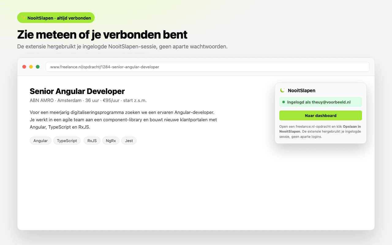 De extensie-popup toont of je bent ingelogd bij NooitSlapen
